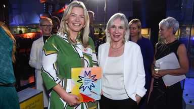 Sally Shaw (left), director of Firstsite, winner of Art Fund Museum of the Year 2021, with Nadine Dorries, Culture Secretary, at the award ceremony at the Science Museum in London